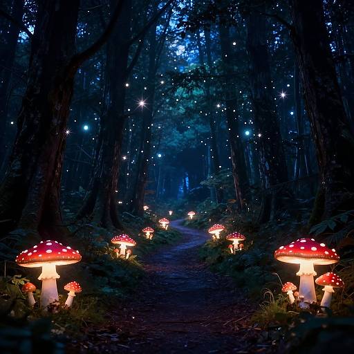 Photograph of a moonlit forest path lined with glowing red and white spotted mushrooms, surrounded by twinkling fairy lights.