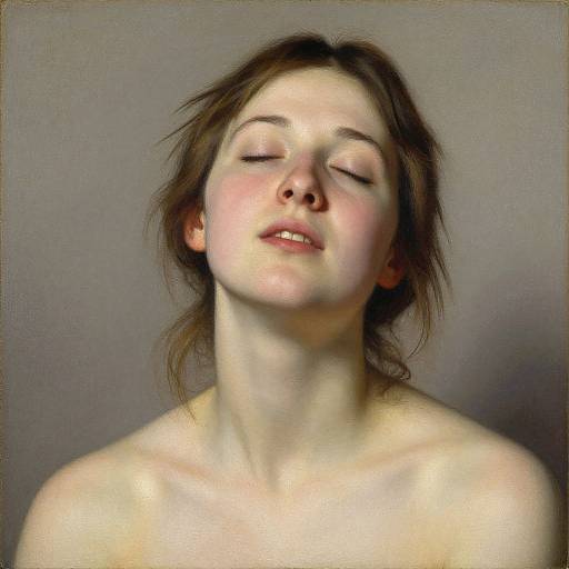 Photograph of a light-skinned, topless woman with brown hair, eyes closed, and slightly parted lips, against a gray background. Her expression