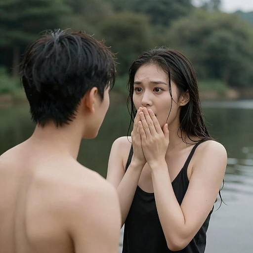 Surprised Woman by Lake Facing Man
