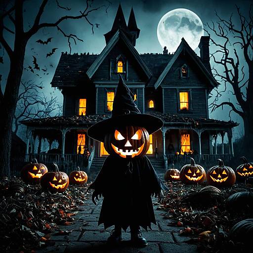 Jack-o'-lantern Witch in Front of Haunted House