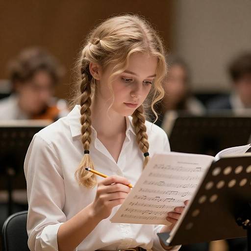 Young Blonde Woman Reading Sheet Music