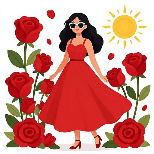 Digital illustration of a smiling woman with long black hair, wearing a red dress, red heels, and white sunglasses, standing among red roses with a bright