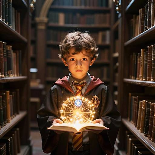 Photorealistic Little Wizard in Arcane Library