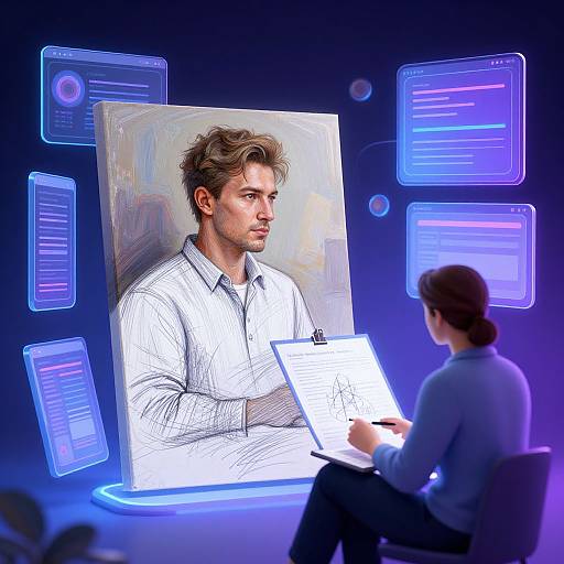 Photograph of a digital art critique: a man in a white shirt on a glowing screen, a woman with a notebook in front. Background: futuristic