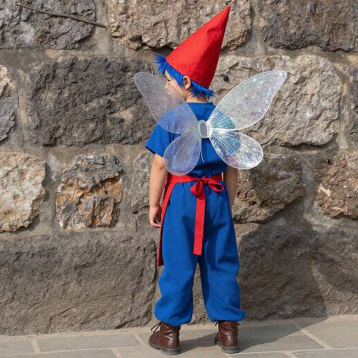 Photograph of a child in a red cone hat, blue outfit, and transparent fairy wings, standing against a rough stone wall.