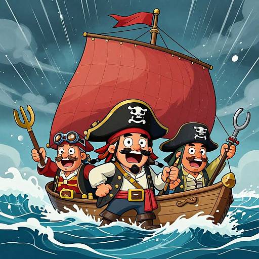 Cartoon illustration of three excited pirate children in a wooden ship with a red sail, holding trident, hook, and goggles. Stormy sky and