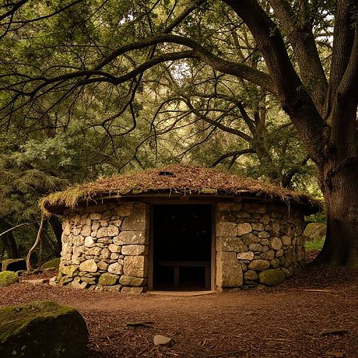 Photograph of a small, rustic stone hut with a thatched roof, nestled in a dense, wooded forest with sunlight filtering through.
