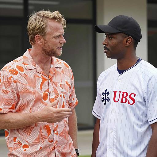 Two Men Engaged in Outdoor Conversation