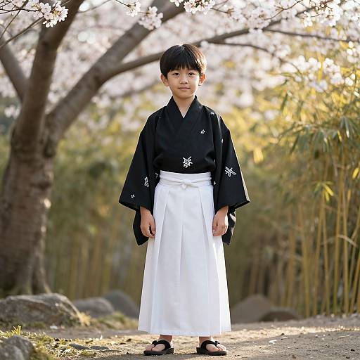 Photograph of a young Asian boy in traditional black kimono with white floral patterns and white hakama, standing on a sunlit path surrounded by cherry