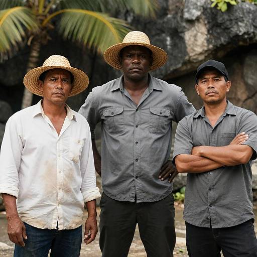 Three Men Against Tropical Rock Landscape