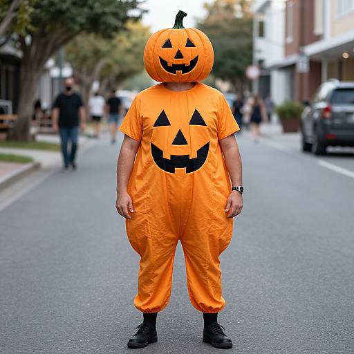 Photograph of a person in an orange pumpkin costume with a carved jack-o'-lantern face, standing on a suburban street.
