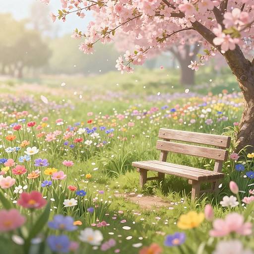 Photograph of a wooden bench under a blooming cherry blossom tree, surrounded by a vibrant meadow of colorful wildflowers. Sunlight filters through the