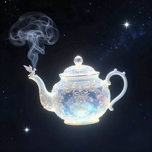 Glowing, ornate, silver teapot with swirling smoke and starry background, floating in dark space. Digital artwork with ethereal, magical