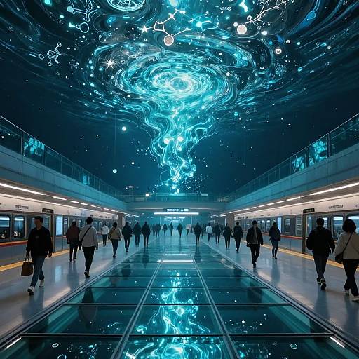 Photograph of a modern train station with a mesmerizing blue, swirling light installation above, reflecting on glossy floor tiles. Silhouetted passengers walk