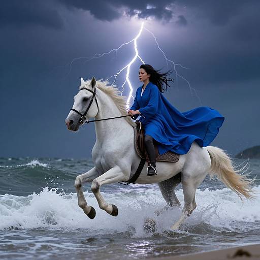 Photograph of a woman with flowing black hair in a blue cloak riding a white horse, with lightning in a stormy sky above, splashing through