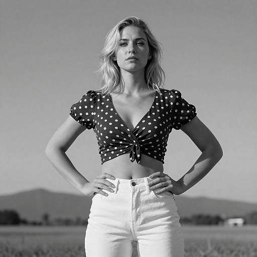 Confident Blonde Woman in Polka-Dot Crop Top