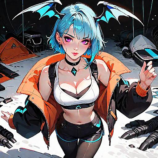 Digital anime-style illustration of a blue-haired, bat-winged girl with pink eyes, wearing an orange jacket, white bra, and black shorts, amidst