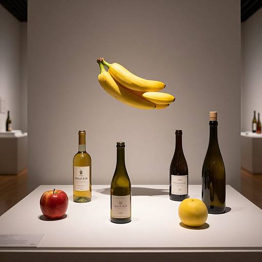 Photograph of a minimalist gallery display: floating bananas above four wine bottles, red apple, and yellow lemon on a white table.