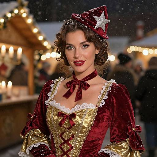 Photograph of a fair-skinned woman with curly brown hair, wearing a red velvet and gold lace corset dress, red bow, and star-t