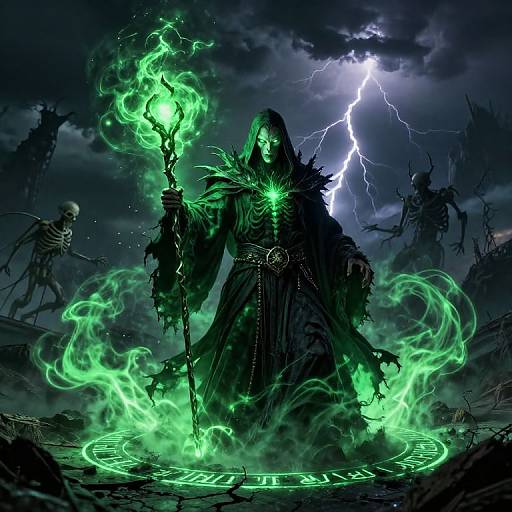 Dark sorcerer with glowing green flames, holding a staff, stands over a magic circle in a stormy, lightning-filled night.