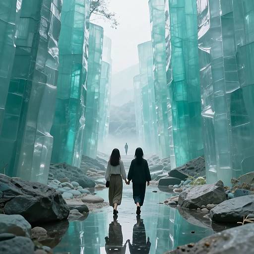 Photograph of two women in traditional clothing walking hand-in-hand through an ethereal, icy blue tunnel of translucent, crystalline structures surrounded by rocky terrain