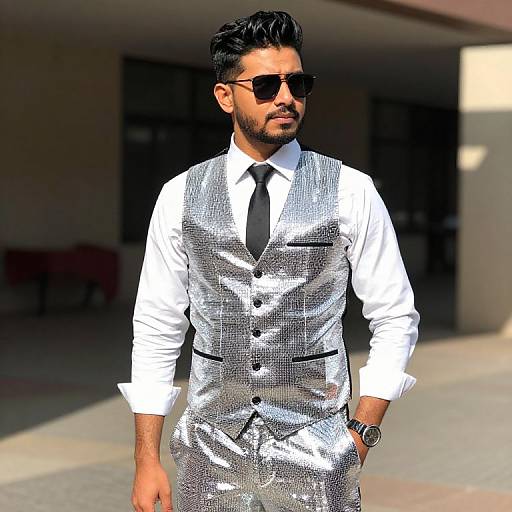 Photograph of a stylish man with dark hair and beard, wearing black sunglasses, a white shirt, black tie, and metallic silver vest and pants,