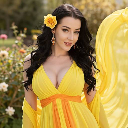 Photograph of a fair-skinned woman with long black hair, wearing a yellow, deep V-neck dress, orange belt, yellow flower hairpin,