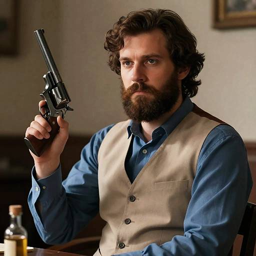 Serious Bearded Man with Revolver