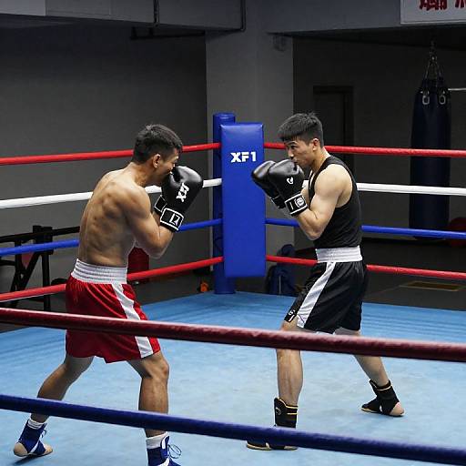 Boxers Sparring in Ring with Pads