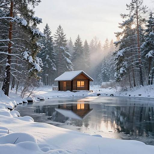 Serene Winter Cabin by Frozen Pond