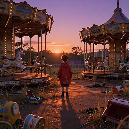 Photograph of a child in a red coat standing between two vintage, illuminated carousel horses at sunset, surrounded by scattered toys.