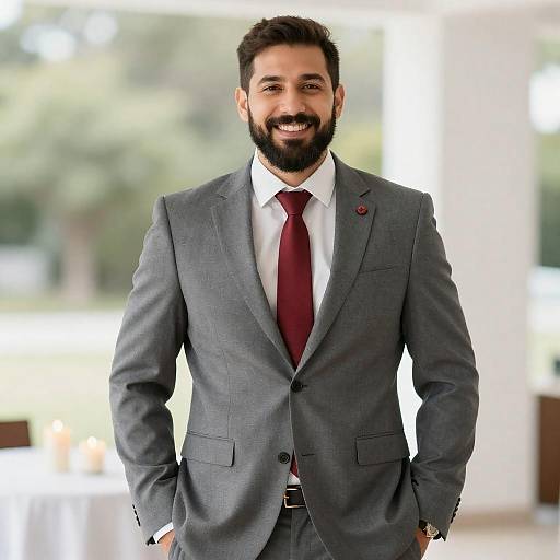 Smiling Bearded Man in Gray Suit
