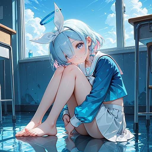 Ruined Classroom Girl in Reflective Water