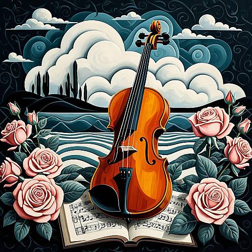 Abstract Violin with Roses and Clouds