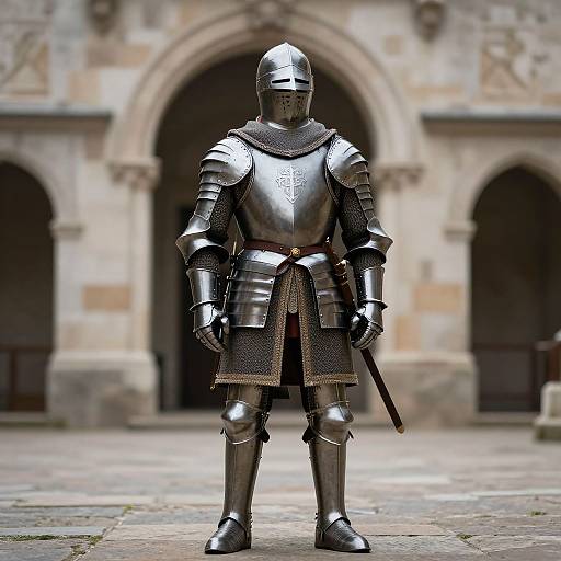 Photograph of a medieval knight in full shiny steel armor, helmet with visor down, standing with sword in hand, in front of a stone Gothic