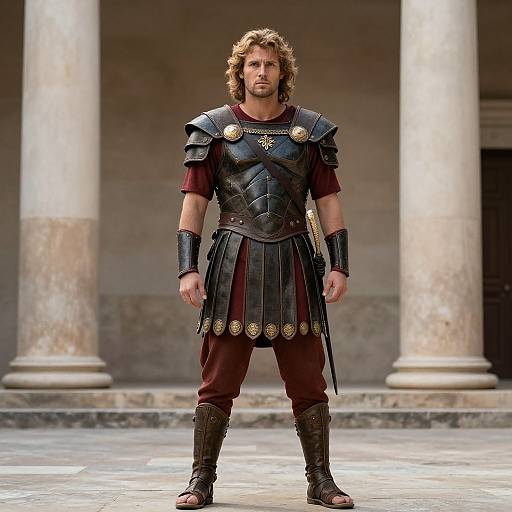 Photograph of a muscular man with curly brown hair, wearing ancient Roman-style black armor, red tunic, and sandals, standing in a marble-column