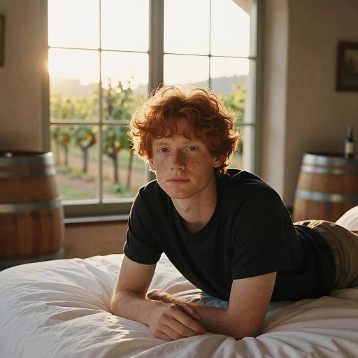Photograph of a red-haired, freckled young man with curly hair, wearing a black t-shirt, lying on a white bed in a sun