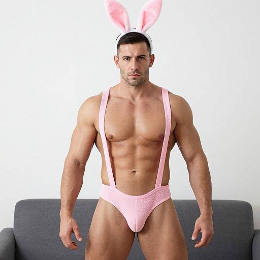 Muscular man with tan skin, short dark hair, wearing pink bunny ears and matching pink mesh suspenders and briefs, stands in front of gray