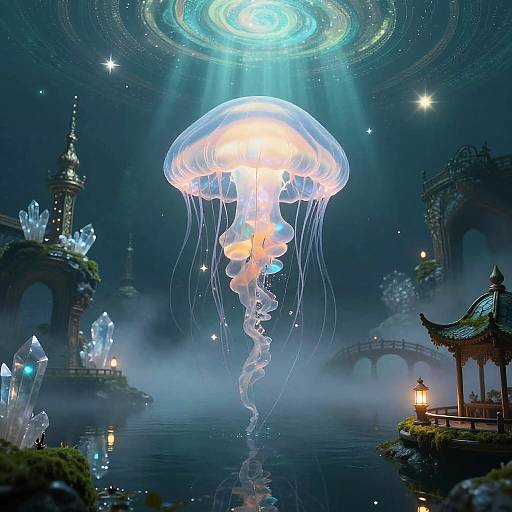 Ethereal Glowing Jellyfish Over Abyss