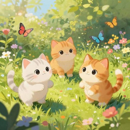 Whimsical digital painting of three adorable, cute-eyed kittens—one white, two orange—playing in a sunlit, colorful meadow with fluttering