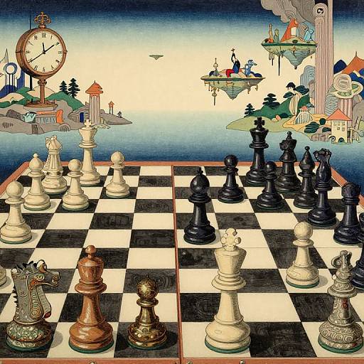 Surreal painting of a chessboard with black and white pieces, set against a fantastical landscape with floating islands and clock tower.