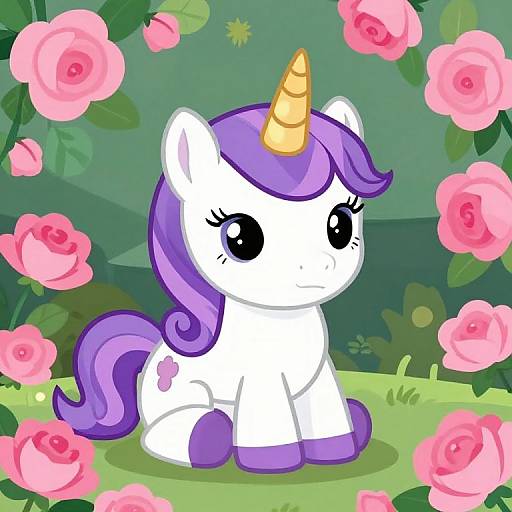 Cute cartoon unicorn with white coat, purple mane and tail, and yellow horn, surrounded by pink roses in a green garden.