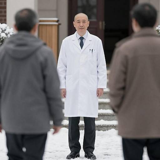 Bald Scientist in Snowy Outdoor Scene