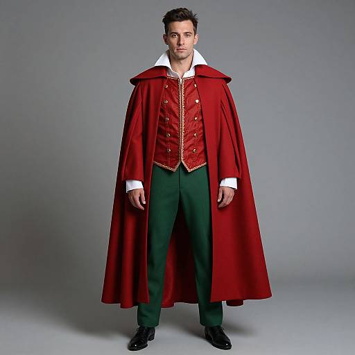 Photograph of a man with dark hair, wearing a red Victorian-style cloak, red vest, green pants, white shirt, and black shoes, standing