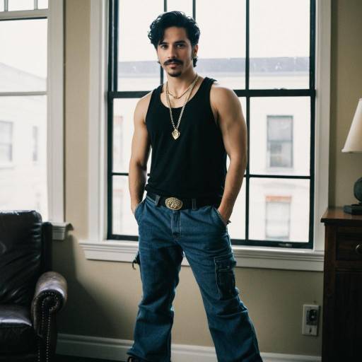 Young Man in Black Tank Top and Cargo Jeans Indoors