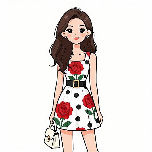Woman in Rose Print Sleeveless Dress with Handbag