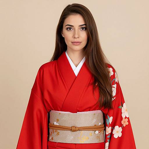 Woman in Red Floral Kimono
