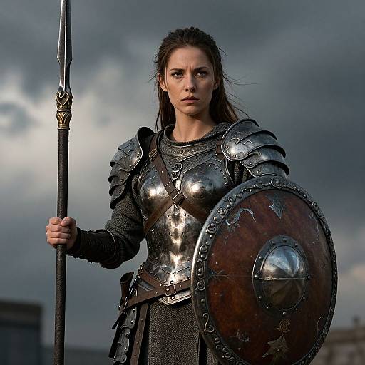 Photograph of a fierce, armored woman with long brown hair, holding a spear and wooden shield, under a stormy, cloudy sky.