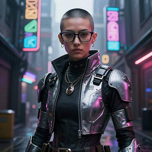 Neon-lit cyberpunk street at night; woman with slicked-back hair, black-rimmed glasses, and metallic armor over black leather,