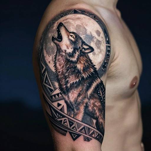 Tribal Wolf Howling at Moon Tattoo